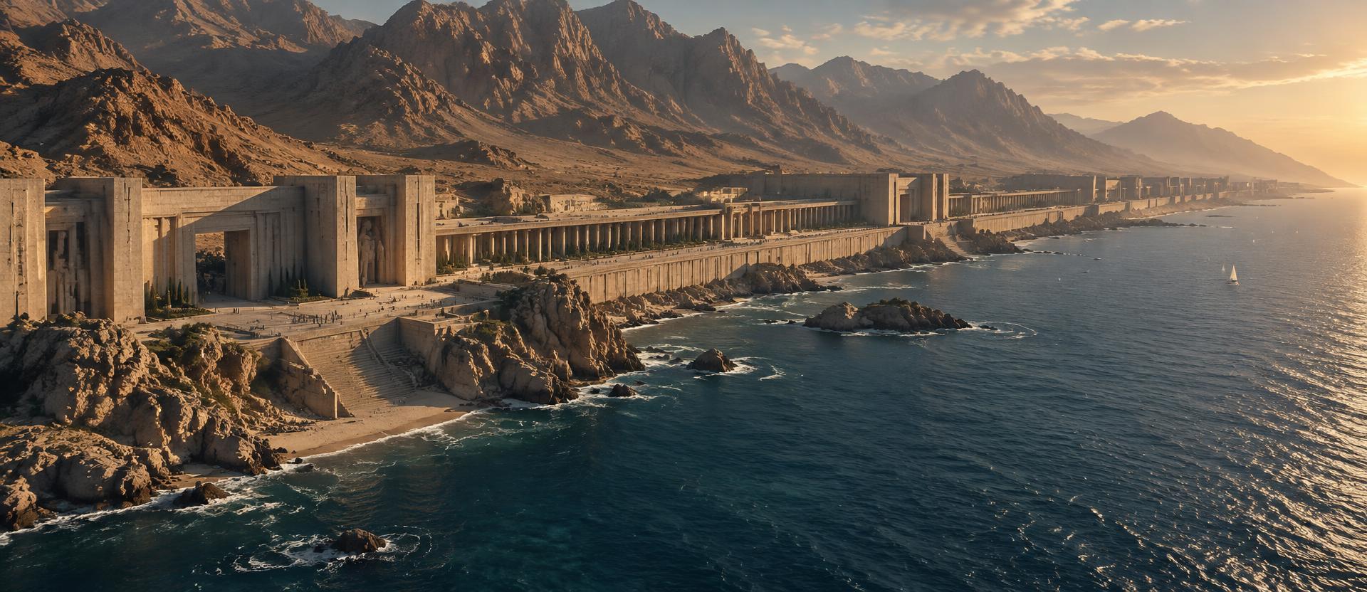 Aerial view of a continuous monumental stone line along a desert coastline