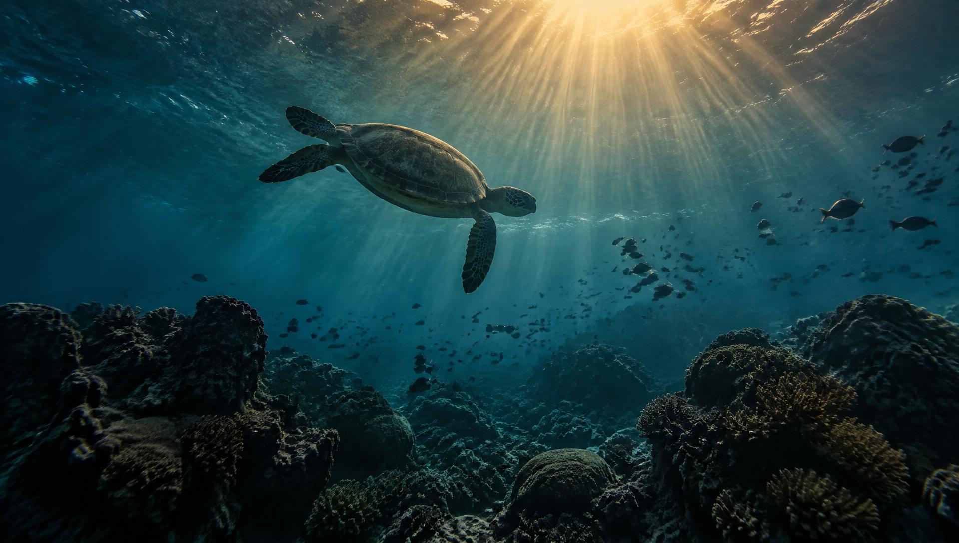 Sunrays falling through deep blue water above a reef, a sea turtle gliding through the light